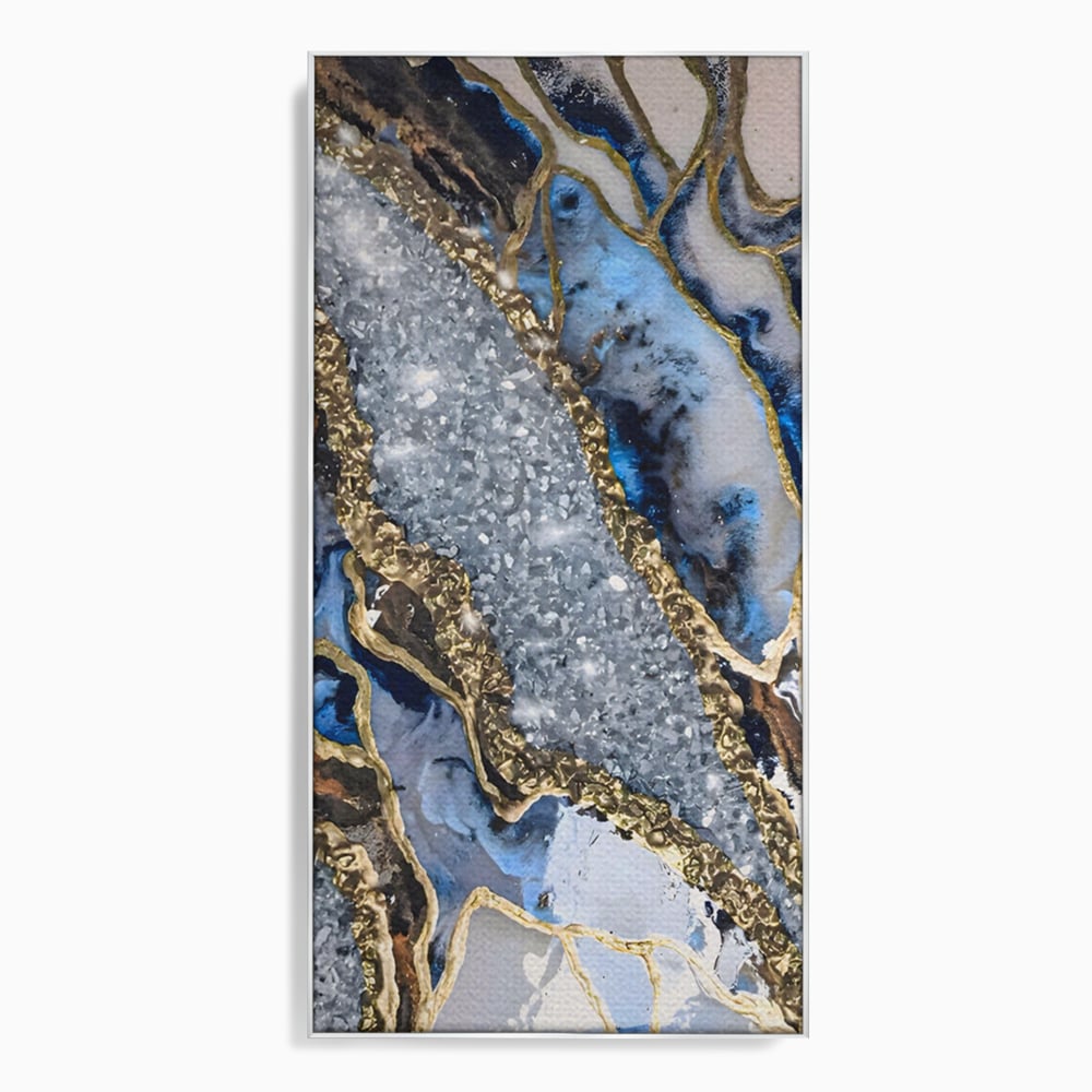 Tablou canvas cu pictura abstracta cu textura de marmura si detalii aurii, in rama de aluminiu argintiu